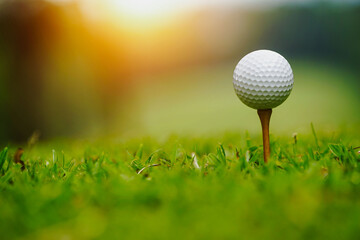 Golf ball on green grass in the evening golf course with sunshine background.