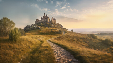 Fototapeta na wymiar Trail leading to medieval fairytale castle at the top of a hill at sunrise, fantasy illustration. 