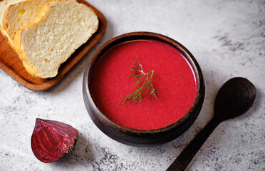 Beet puree soup in a bowl
