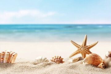 Vacation concept - starfish and seashells on the beach,