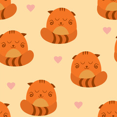 Sleeping red tabby cat seamless pattern. Children's background. Vector cartoon flat illustration of cute funny orange kitten.