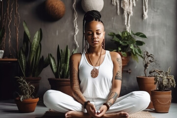 Young black woman sitting on the floor and meditating in a beautiful room in her home