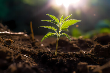 A young marijuana plant is growing out of the soil-Generative AI - obrazy, fototapety, plakaty