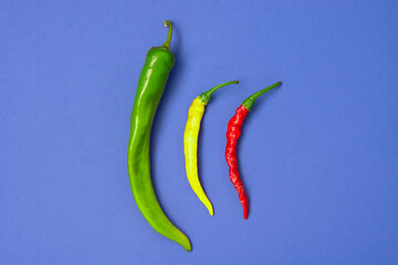 fresh red chili peppers on blue background