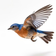 A flying  eastern bluebird isolated on white background, generative AI.