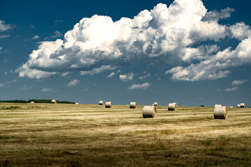 Round straw rolls on a harvested fields under a cloudy deep blue sky in Rocky View County Alberta Canada.