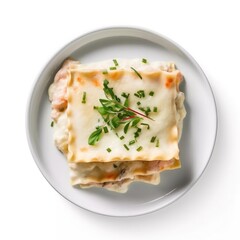 Plate of Chicken Lasagna on a White Background. Generative AI