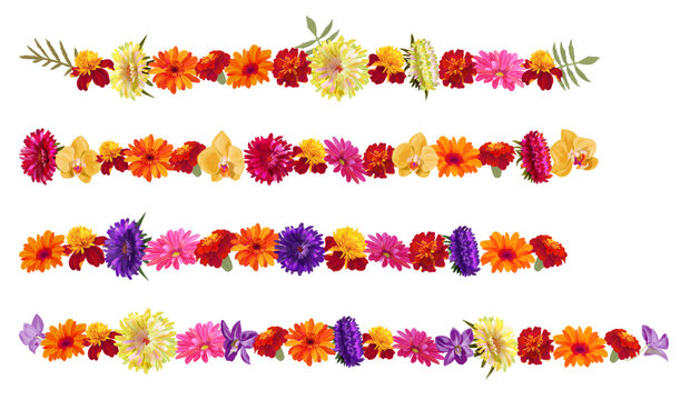 Horizontal border, flowers garlands for Indian religion festive decoration. Panoramic view: aster, chrysanthemum, gerbera, daisy, marigold, orchid. Botanical illustration, watercolor style, vector