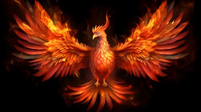 Majestic Phoenix Rising from Ashes in Brilliant Hues - Generative AI"

