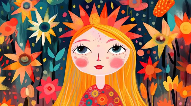 children book style character, pretty princess in flower garden, Generative Ai