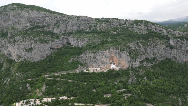 Ostrog Monastery. Montenegro. Incredible view of the legendary Ostrog Monastery. Aerial view.