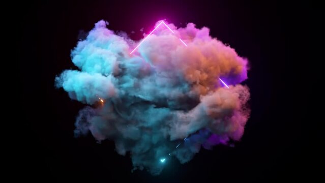 Neon rhombus on a black background. A colored cloud is spinning around a rhombus. Blue purple neon color. 3d animation 