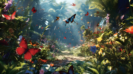 Fototapeta na wymiar A lush botanical garden with vibrant exotic plants and blooming flowers, where colorful butterflies flutter around in the sunlight. Generative ai.