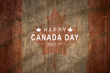 Illustration from Happy Canada Day on July 1st. white lettering on a Canadian flag on a wooden table.