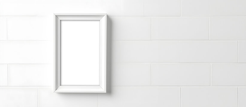 Photo frame with transparent cutout on white brick wall, PNG file. Mockup template for artwork design. Copy text space. 