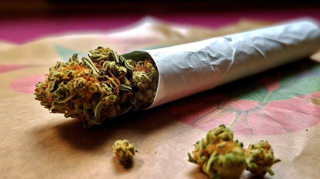 Marijuana bud ,crushed bud of marijuana on the rolling paper. Generative ai