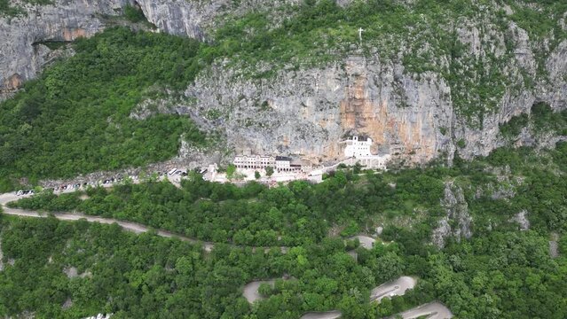 Ostrog Monastery. Montenegro. Incredible view of the legendary Ostrog Monastery. Aerial view.