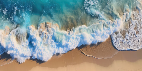 Above on blue ocean waves with white foam crashing on the sandy beach shore. Beach summer vacation on seashore, horizontal banner. Generative AI drone overhead photo imitation.