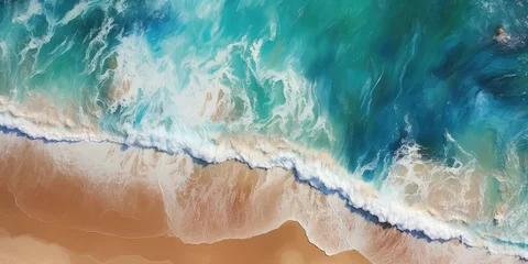 Schilderijen op glas Top view on blue ocean waves with white foam crashing on the sandy beach shore. Beach summer vacation on seashore, horizontal banner. Generative AI drone overhead photo imitation. © SnowElf