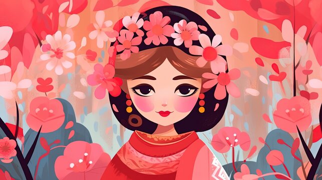 children book style character, pretty Asian princess in pink flower garden, Generative Ai