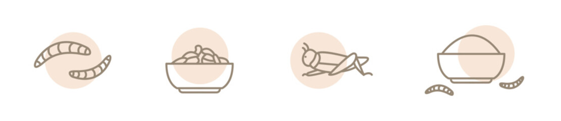 Insect food modern line icon set, mealworm nutrition concept, cricket dish icons, grasshopper dish emblems, edible insects symbols isolated on white background