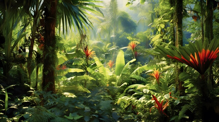 A lush tropical rainforest bursting with a riot of colors and textures. Towering palm trees reach towards the sky. Generative ai