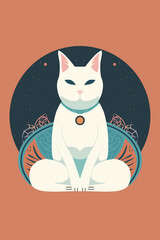 Zen cat illustration. Meditating White Cat in the lotus pose. The concept of relaxation and mental health care.