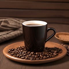 Coffee beans and a black mug with coffee on a wooden saucer. Generative AI