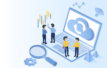 Cloud computing backup concept. Online networking, upload, download, storage, technology. Business people meeting to discuss analyzing data and protect database. Isometric 3D vector illustration.