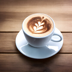 Obraz premium Cup of cappuccino with decorative foam on a wooden table. Generative AI