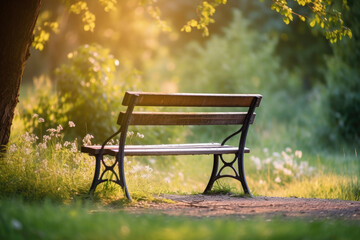 Naklejka premium wooden bench in park in spring. generative ai