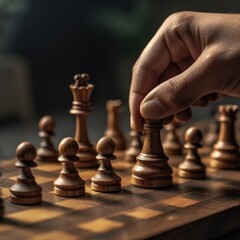 Shot of male hand moving chesspiece on chessboard. Generative AI