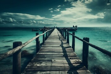 Fototapeta premium wooden bridge over the sea, generative AI 