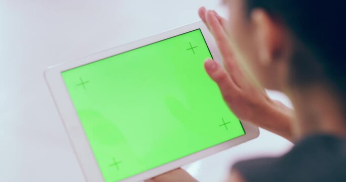 Green screen, woman and tracking markers on digital tablet for internet, reading and search. Mockup, space and female with empty online display for social media, advertising or browsing, app or web