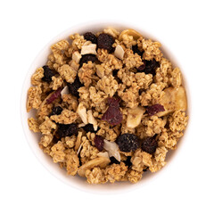 crunchy granola in ceramic bowl isolated on white, muesli pile with nuts, cranberry and raisins close out, healthy eating concept