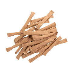 heap of sugar sticks, sugar in paper kraft packaging, mock up for design isolated on white background