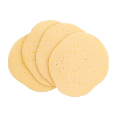 edam or salami round cheese isolated on white background, flat lay with cheese cut into pieces