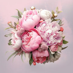 Generative AI. Illustration. Bouquet of pink peonies, top view. Wedding bouquet.