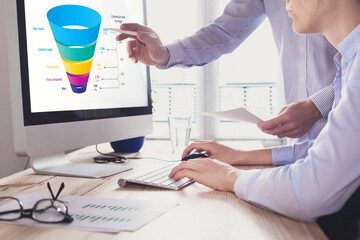 Marketing funnel and data analytics used by a team of sales consultant to analyze leads generation,...