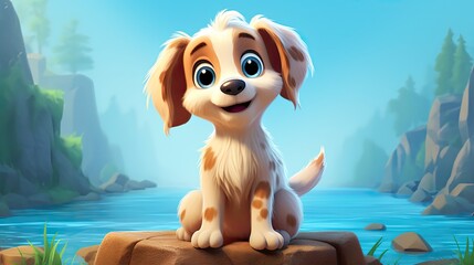 Cartoon Cutie dog with Big Eyes Perched on a Rock in a Blue Natural Wonderland. Cartoon style image.