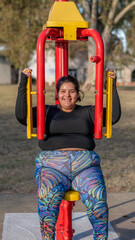 Fototapeta na wymiar Young fat woman doing barre exercise chest and shoulders in the park by the lake. Healthy lifestyle