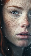 Fototapeta na wymiar Beautiful Lady with Red Hair and blues eyes, Portrait close shot, Freckles
