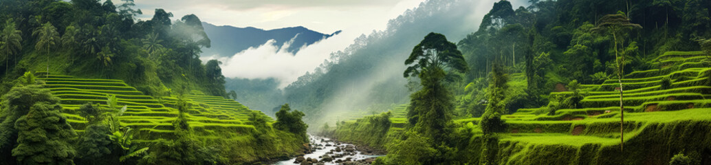 Panoramic landscape of Indonesian rice field terraces on a mountain, ricefield terrace. super wide rice field panorama 