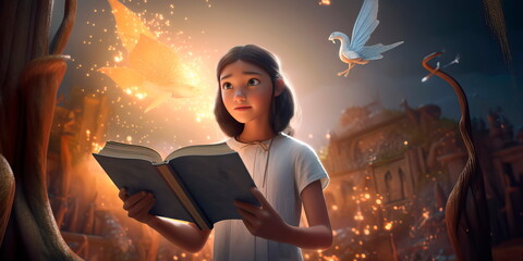 young girl holding a book that radiates with light, with characters and creatures from its pages spilling out into the real world. Generative AI