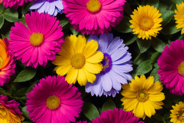 Pattern of yellow and blue, bright flowers. Fantastic, fantasy, colorful flowers. Generative AI