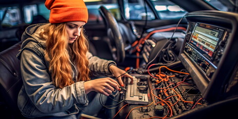 Obraz premium woman using a diagnostic tool to identify and fix a problem with the car's computer system Generative AI