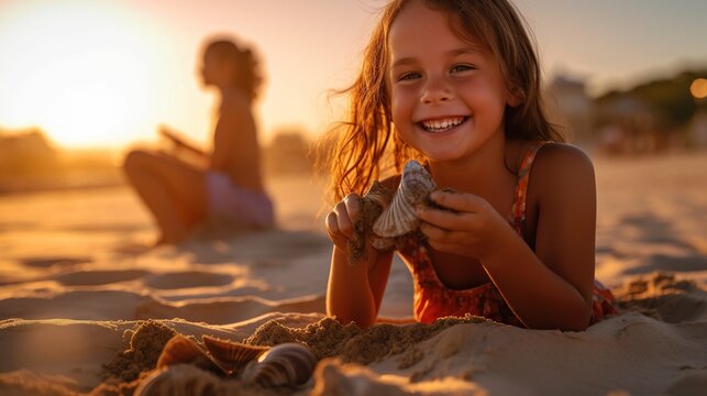 Child relaxing on the beach against sea and sky background. Summer vacation and travel concept - generative AI
