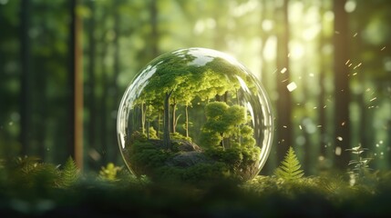 Obraz na płótnie Canvas Glass globe in green forest with the icon environment of ESG, co2, circular company, and net zero.Technology Environment, society, and governance for sustainable business on green company Concept