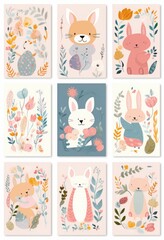 Baby posters and cards with animals and flowers pattern.  illustrations with cute animals. Baby illustrations, Generative AI