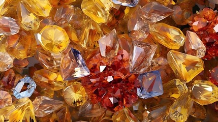 Radiant Yellow Gemstones in a Large Group on Amber Background